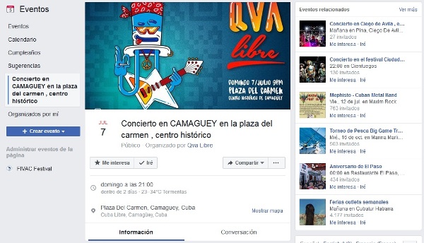 Anuncio en Facebook del concierto de la popular agrupación Qva Libre