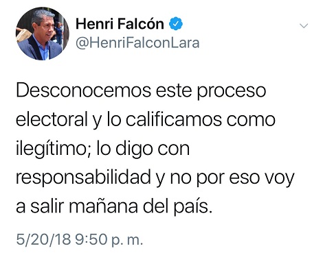 Desconoce triunfo de Maduro candidato opositor Henri Falcón