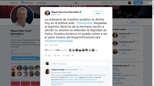 Presidente cubano reitera apoyo incondicional de la mayor de las Antillas a Venezuela