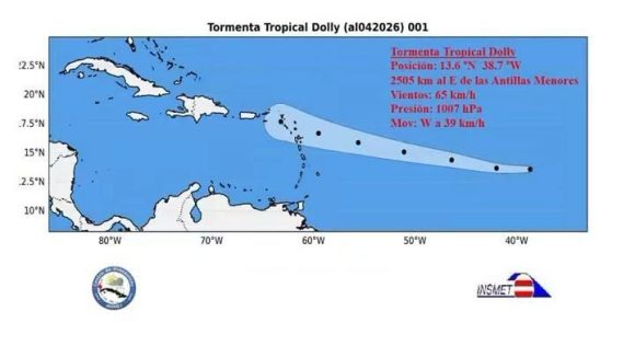 Tormenta tropical Dolly se disipa sobre las aguas del Atlántico Central